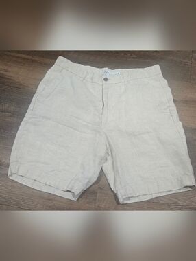 Zara Light Beige Linen-Blend Flat Front Shorts